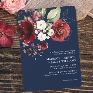 Invitación Boda floral de acuarela dorada clásica de Borgoña