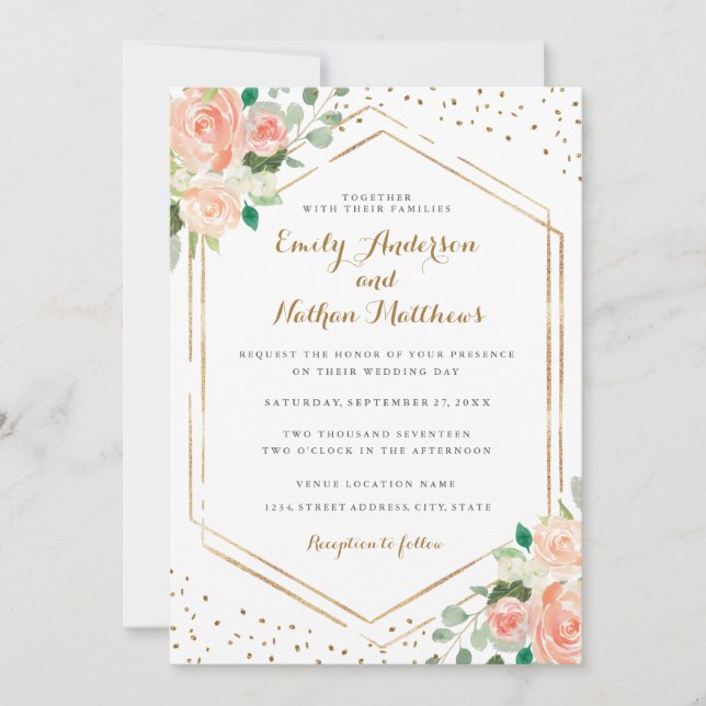 Invitación Boda floral de acuarela dorada de Confetti Peach (Anverso)