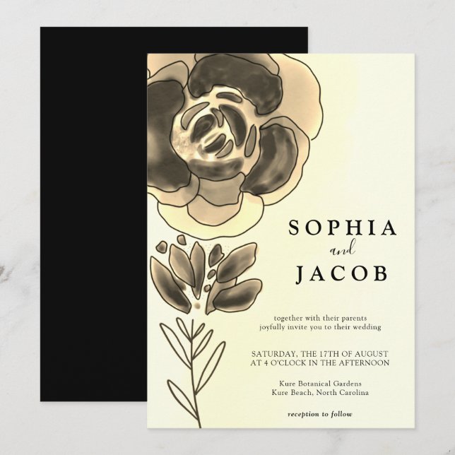 Invitación Boda floral de acuarela dorada y negra (Anverso / Reverso)
