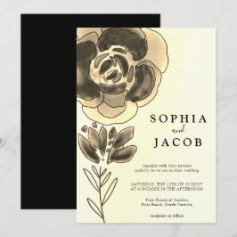 Invitación Boda floral de acuarela dorada y negra