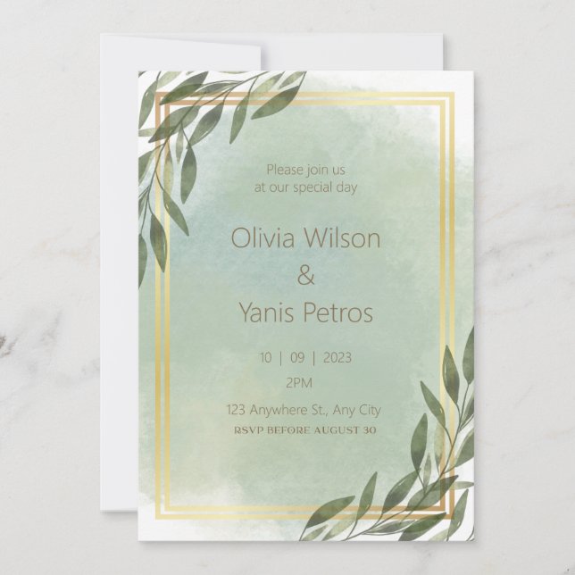 Invitación Boda Floral De Acuarela Dorada Y Verde (Anverso)