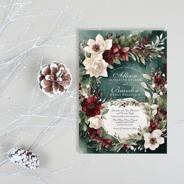 Invitación Boda Floral de acuarela encantadora de invierno (Subido por el creador)