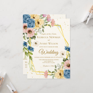Invitación Boda floral de acuarela geométrica