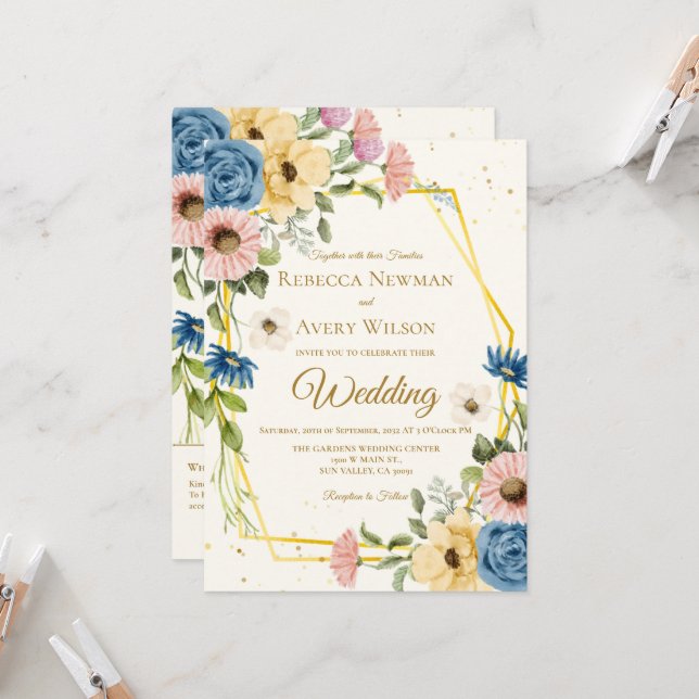 Invitación Boda floral de acuarela geométrica (Anverso/Reverso In Situ)