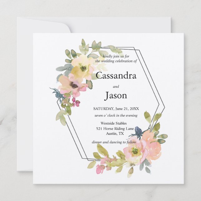 Invitación Boda floral de acuarela geométrica (Anverso)