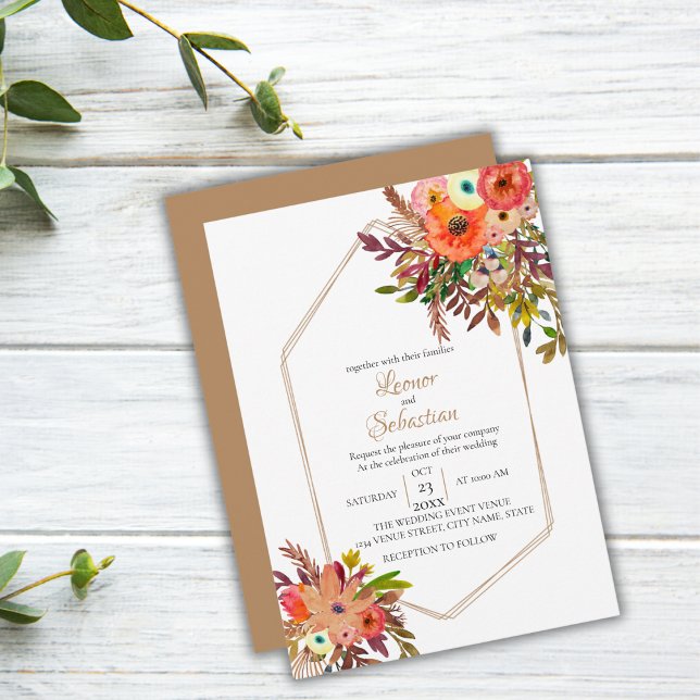 Invitación Boda floral de acuarela geométrica de caída (Subido por el creador)