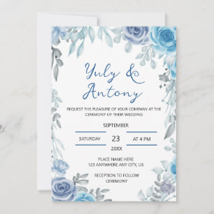 Invitación Boda floral de acuarela gris azulada polvorienta