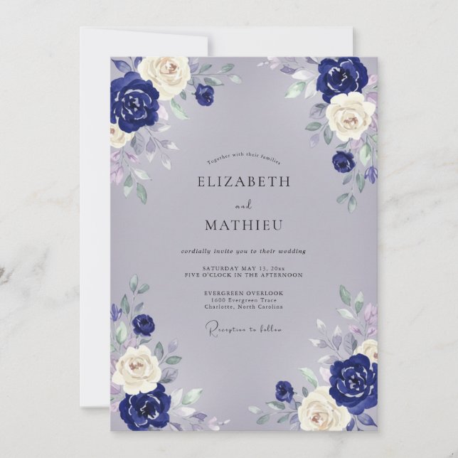 Invitación Boda floral de acuarela gris marino (Anverso)