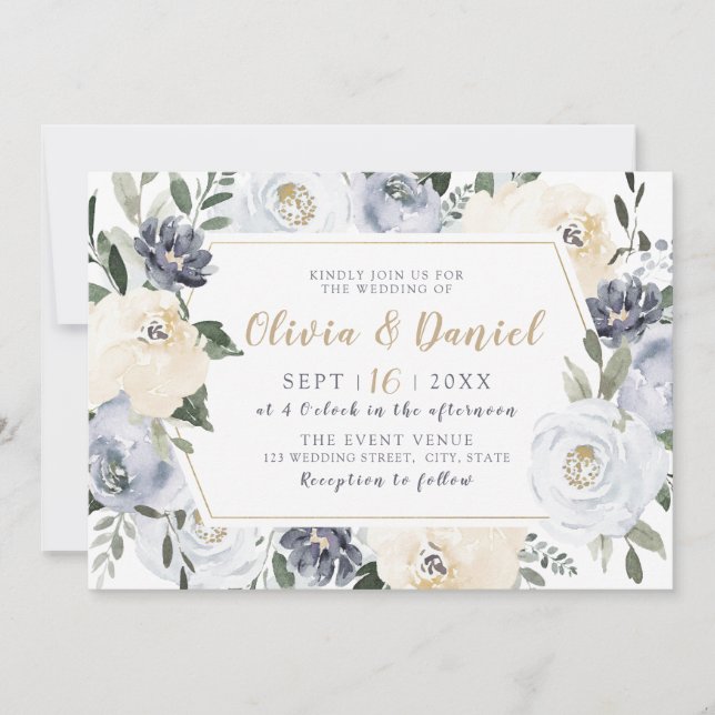 Invitación Boda floral de acuarela grises y grises florecient (Anverso)