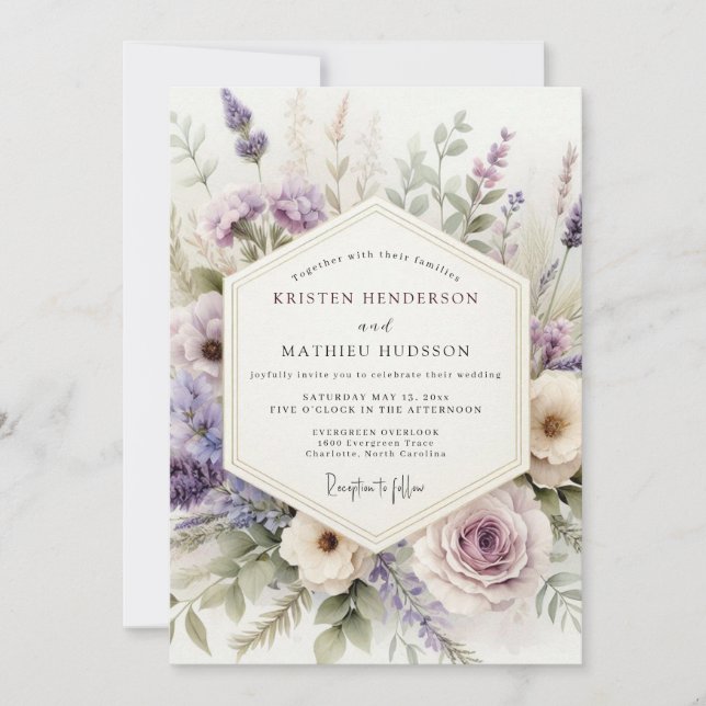 Invitación Boda floral de acuarela lila (Anverso)