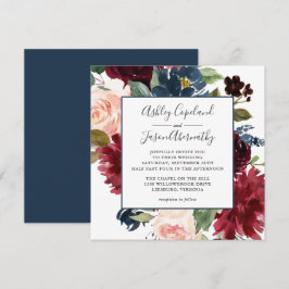 Invitación Boda floral de acuarela marina y borgoña