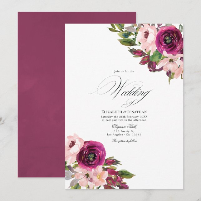 Invitación Boda floral de acuarela Marsala y rubor (Anverso / Reverso)