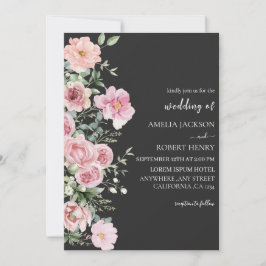Invitación Boda floral de acuarela moderna de color negro y o