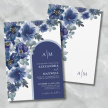 Boda floral de acuarela moderna elegante azul