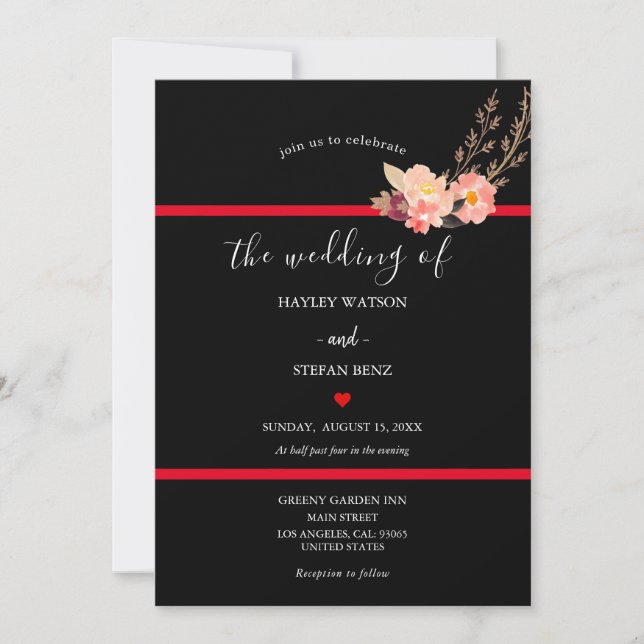 Invitación Boda Floral De Acuarela Moderna Negra Y Roja (Anverso)