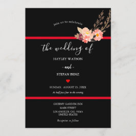 Invitación Boda Floral De Acuarela Moderna Negra Y Roja