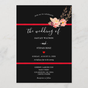 Invitación Boda Floral De Acuarela Moderna Negra Y Roja