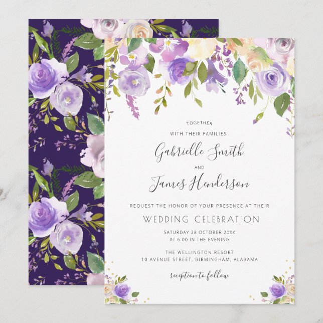 Invitación boda floral de acuarela morada, malva y melocotón (Anverso / Reverso)