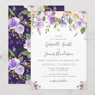 Invitación boda floral de acuarela morada, malva y melocotón