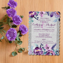 Invitación Boda Floral de Acuarela Morada y Brillo de Plata