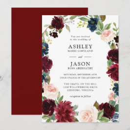 Invitación Boda floral de acuarela naval, borgoña y Rubor