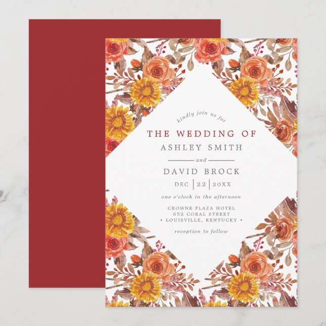 Invitación Boda Floral de Acuarela Otoñal Rústica (Anverso / Reverso)