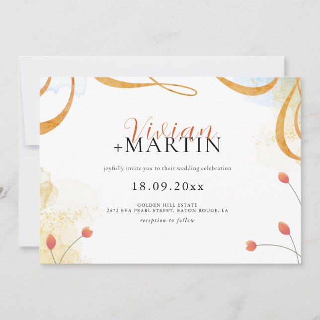 Invitación Boda floral de acuarela poética de melodía en caíd (Anverso)