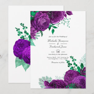 Invitación Boda floral de acuarela púrpura y verde