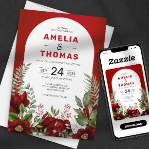 Invitación Boda floral de acuarela roja carmesí romántica