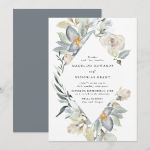 Invitación Boda floral de acuarela romántica en blanco y azul