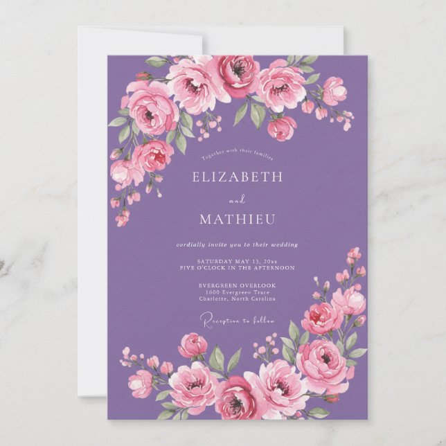Invitación Boda floral de acuarela rosa amatista (Anverso)