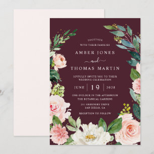 Invitación Boda floral de acuarela rosa borgoña dorado
