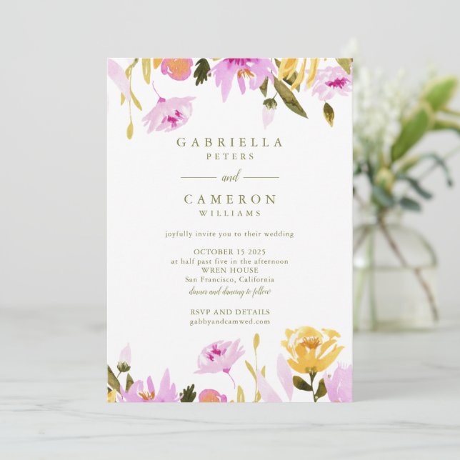 Invitación Boda floral de acuarela rosa de oliva moderna (Anverso de pie)