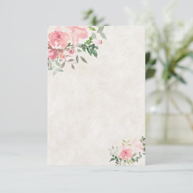 Invitación Boda floral de acuarela rosa de tono suave en blan (Anverso de pie)