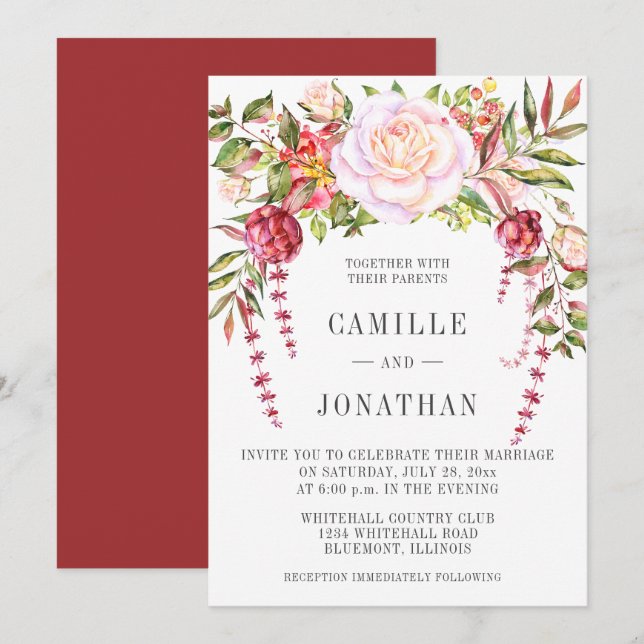 Invitación Boda floral de acuarela rosa y verde (Anverso / Reverso)