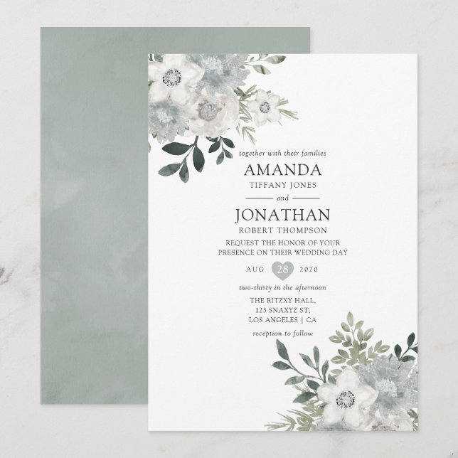 Invitación Boda floral de acuarela Silver Sage (Anverso / Reverso)