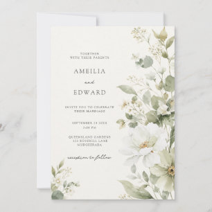 Invitación Boda floral de acuarela suave con salvia y marfil