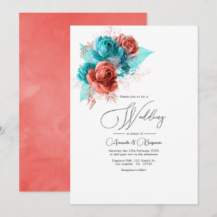 Invitación Boda floral de acuarela turquesa y coral