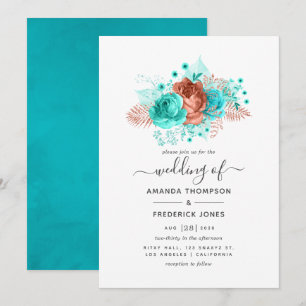 Invitación Boda floral de acuarela turquesa y coral