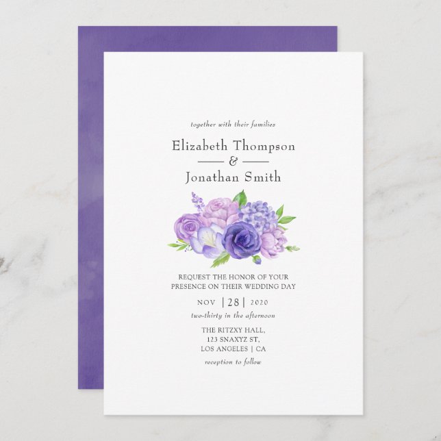 Invitación Boda floral de acuarela ultra violeta (Anverso / Reverso)
