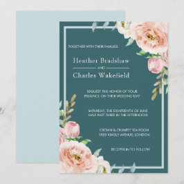 Invitación Boda floral de acuarela Verde azulada bonito