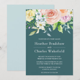 Invitación Boda floral de acuarela Verde azulada bonito