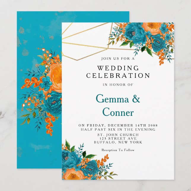 Invitación Boda floral de acuarela verde azulada y Naranja (Anverso / Reverso)