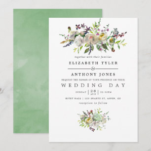 Invitación Boda floral de acuarela verde salvia y blanco