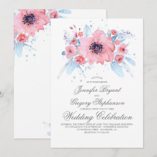 Invitación Boda floral de acuarelas azules y rosas
