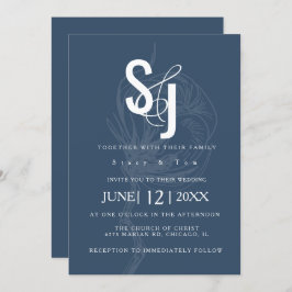 Invitación Boda floral de algodón azul oscuro minimalista