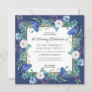 Invitación Boda floral de amapola azul marino y acuarela dora
