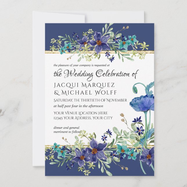 Invitación Boda floral de amapola azul marino y acuarela dora (Anverso)