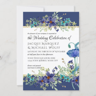 Invitación Boda floral de amapola azul marino y acuarela dora
