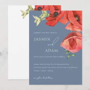 Invitación Boda floral de amapola roja azul polvorienta
